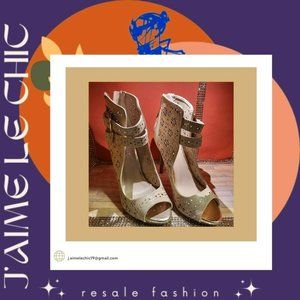 Call It Spring Peep-Toe Gold Accents  Wood-Like Heel Heels- New w/ Box